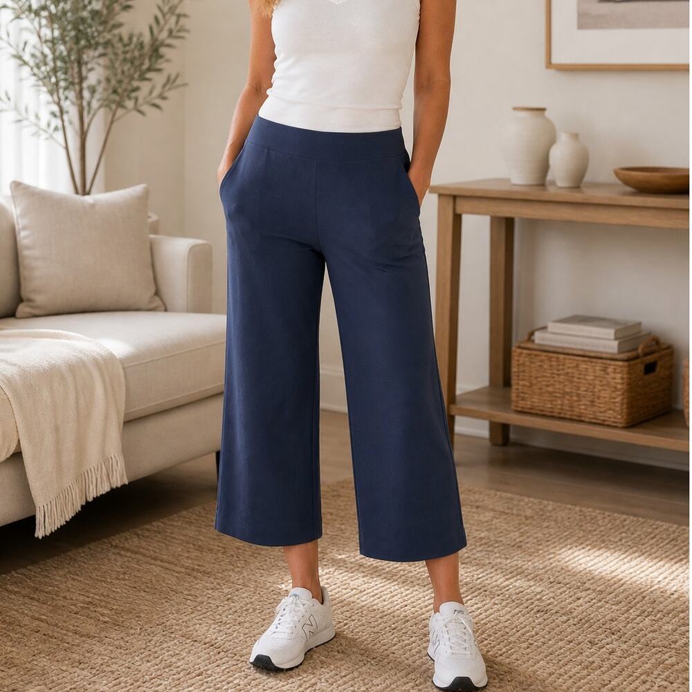 NEW CALIA Journey Collection Dark Ocean Blue Mid Rise Crop Wide Leg Pants Small